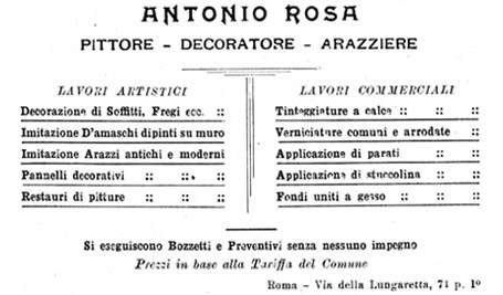 Biglietto da visita di Antonio Rosa con lo studio in Via della Lungaretta 71 piano primo a Roma.
