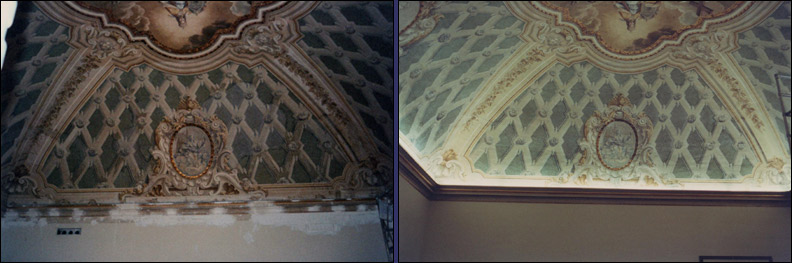 Restauri - Restauro del soffitto a volta decorato e doratura delle canale in metallo inserite per i neon - I.O.R. (Vaticano) - Ditta ROSA (Restauri e Decorazioni).