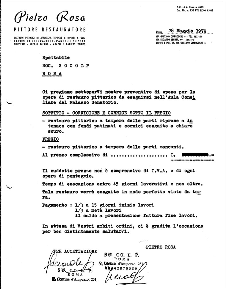 Restauro del soffitto del cornicione e fregio dell’ Aula Consigliare del Palazzo Senatorio in Campidoglio di Roma a seguito di un attentato dinamitardo del 13 maggio 1979. Ditta Pietro Rosa.