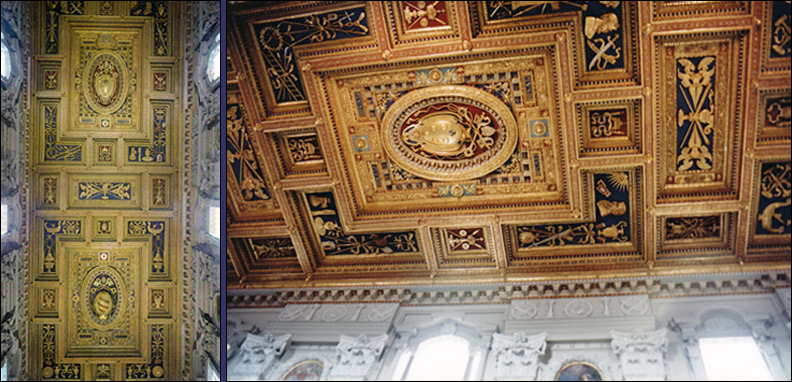 Restauri di soffitti lignei decorati a tempera e oro zecchino. Navata centrale, Basilica di San Giovanni in Laterano, Roma.