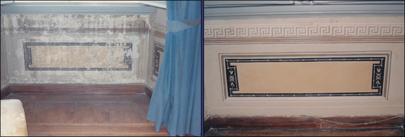 Restauri di sottofinestre e parte bassa di imbotti decorati a tempera della Corte Costituzionale, piazza-del-Quirinale 41 - Roma. Pietro Rosa (restauratore e decoratore).