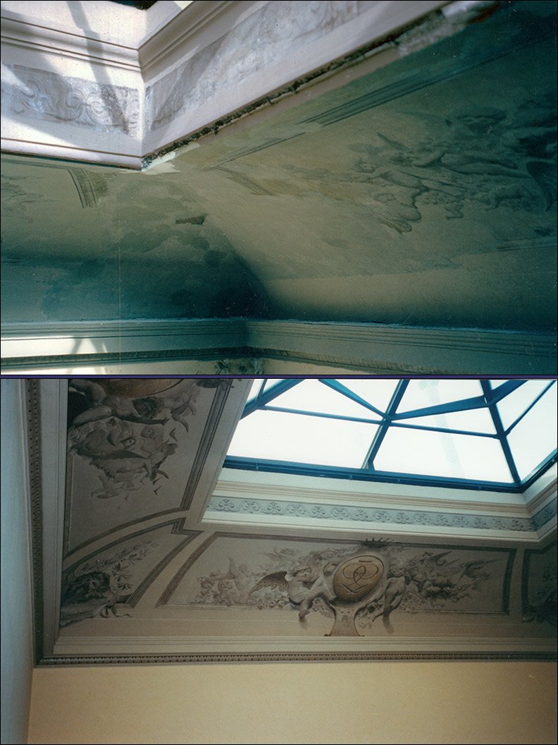 Restauro decorazione del soffitto della scala di via Firenze 48 a Roma.