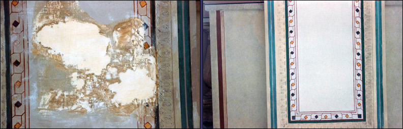 Restauro di decorazione - Particolare del restauro della lesena con efflorescenza salina (salnitro), Prima Loggia, Palazzo Apostolico (Vaticano).