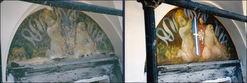 Restauro di dipinti ad olio murali rinvenuti sotto la tinteggiatura di una facciata, ed inserimento di uno stemma.