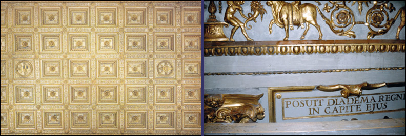 Restauro dorature - Restauro del soffitto ligneo decorato a tempera ed oro zecchino della navata centrale della Basilica di Santa Maria Maggiore a Roma.