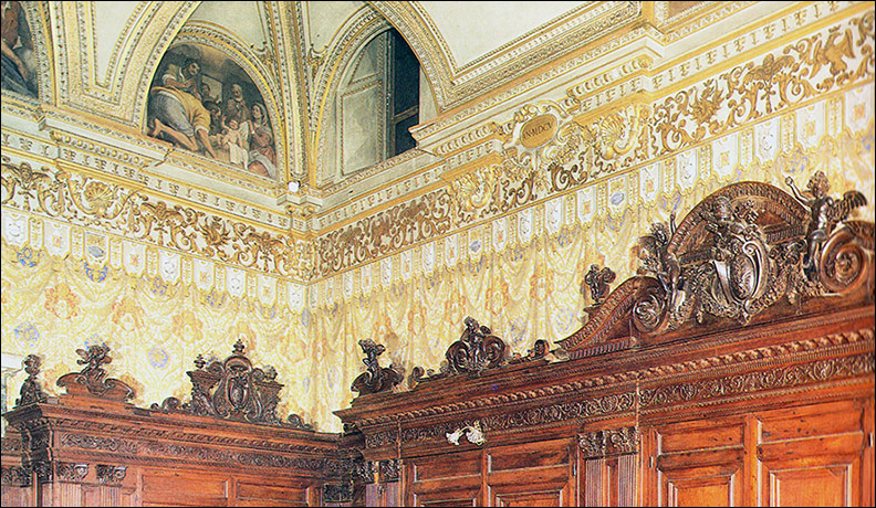 Restauro tendaggi dipinti su muro - Sacrestia della Basilica di Santa Maria Maggiore a Roma.